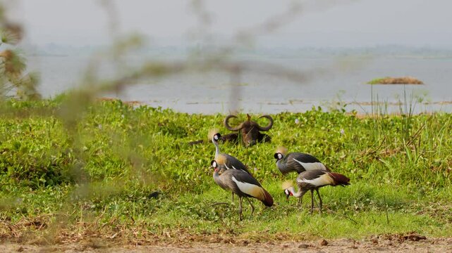 Grey crowned cranes, Balearica regulorum, forage near an African buffalo, Syncerus caffer, by the Nile River in Murchison Falls National Park, Uganda, with soft branches partially obscuring the view.