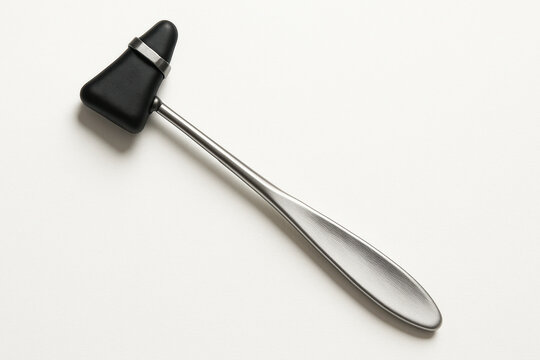 Black and silver reflex hammer with triangular rubber head and sleek metal handle, used for medical examinations