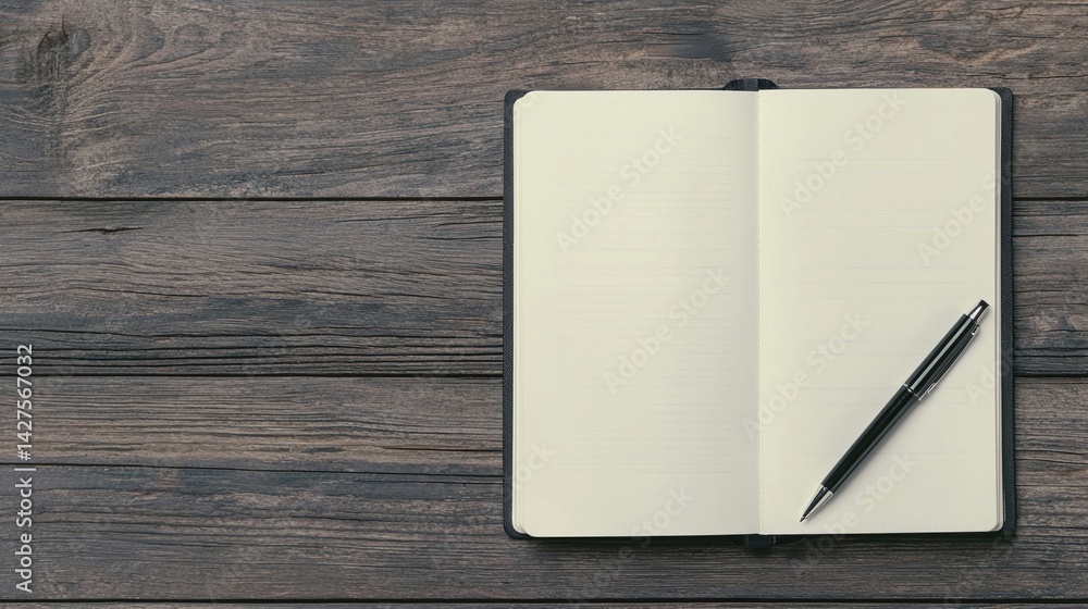 Aufkleber an open notebook with blank pages and a pen resting on wooden table.