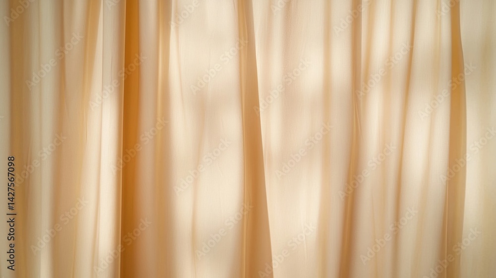 Poster soft, flowing curtains in warm tones gently filter light, creating a serene and inviting atmosphere.