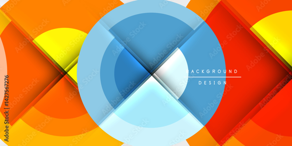 Leinwandbilder Abstract geometric composition. Overlapping circles, squares create dynamic visual effect. Bright colorsyellow, orange, red, bluedominate design. Modern, clean aesthetic.