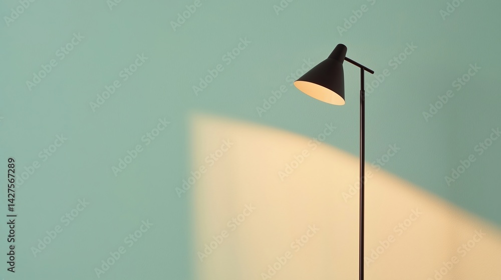 Poster a minimalistic lamp illuminates a soft-colored wall, creating a serene atmosphere with gentle shadow