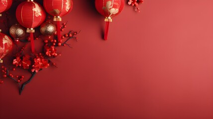 Red Chinese Lanterns and Flowers on Red Background for Lunar New Year Celebration