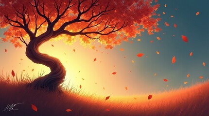 A stylized, magical autumn scene featuring a twisted tree branch with glowing orange and red leaves, gently flowing in the wind. The background has a warm gradient transitioning from a soft golden sun