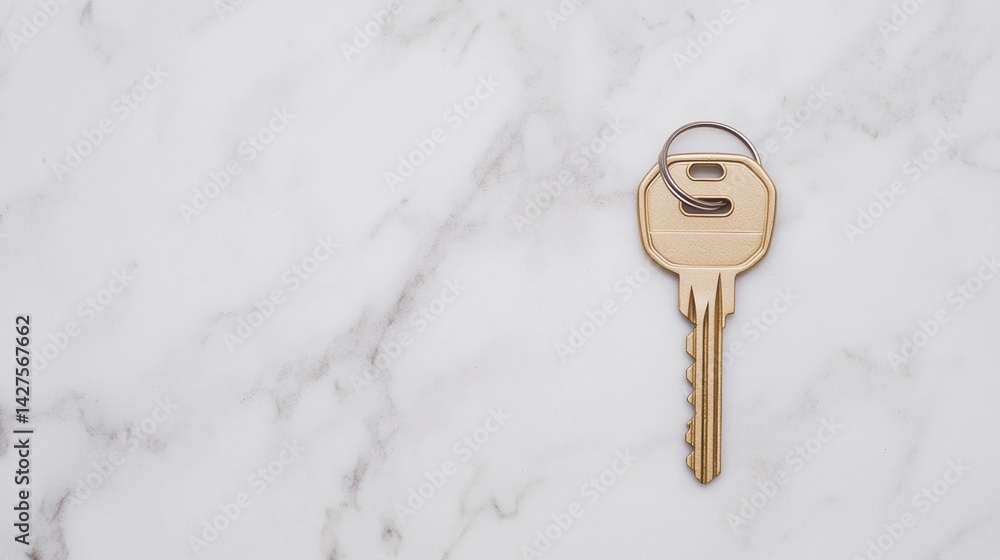 Poster a close-up of a single gold key resting on a smooth marble surface, highlighting its shape and metal