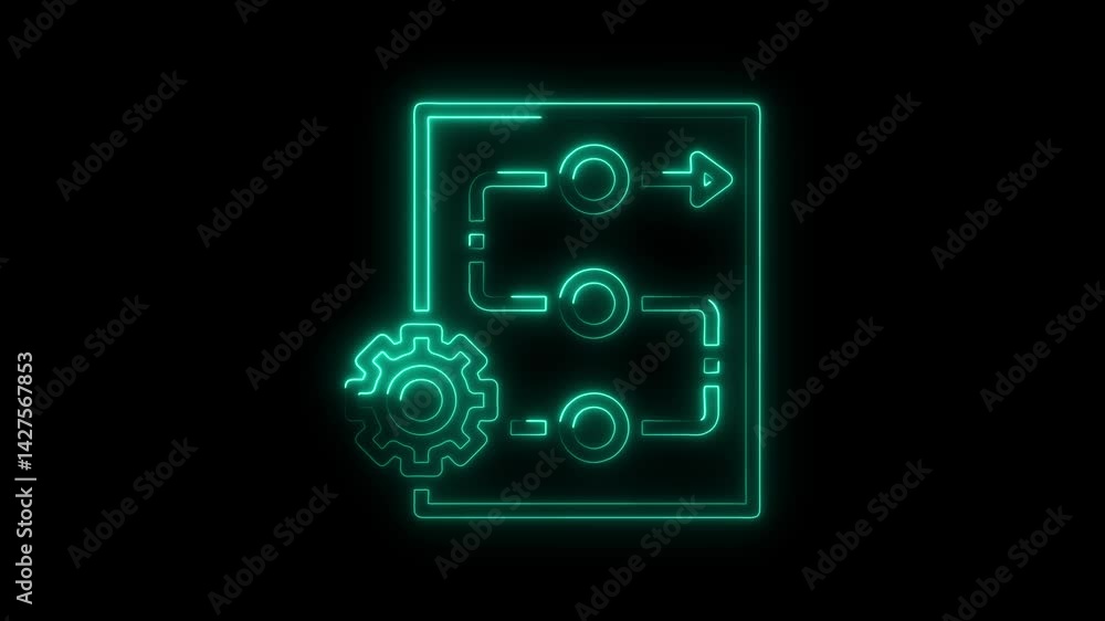 Poster neon workflow chart with gear symbol on dark background