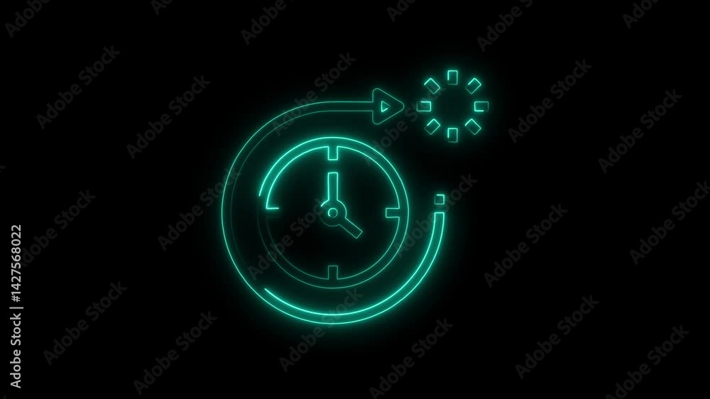 Poster neon clock cycle animation time management and productivity concept