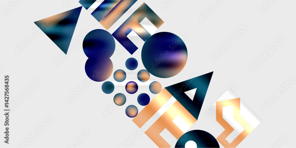 Poster Abstract composition featuring geometric shapes, circles, triangles, text elements. Gradient colors dominate design, creating modern aesthetic. Light gray background enhances visual contrast.