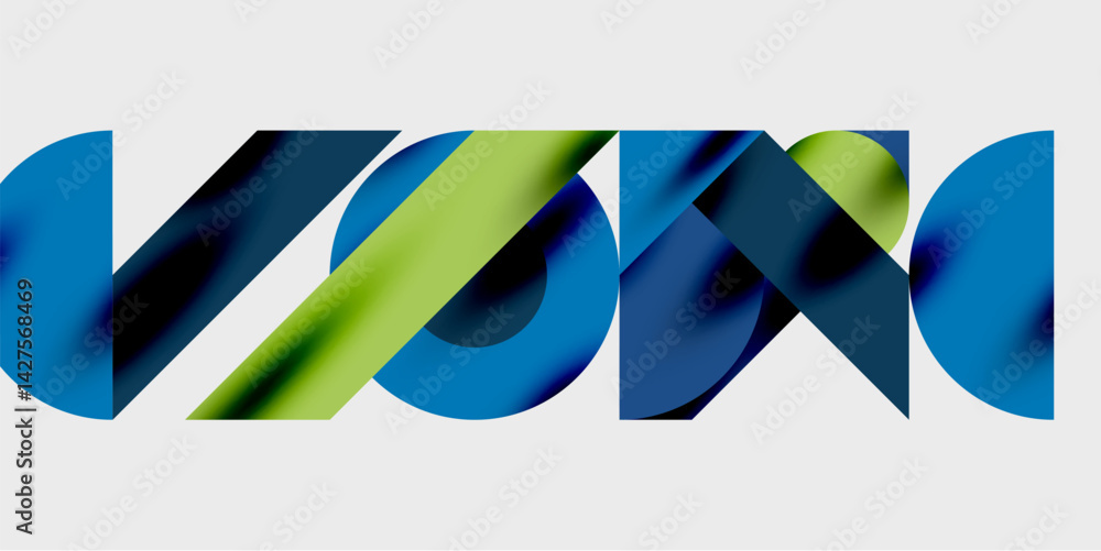 Poster abstract graphic design featuring stylized letters. vivid blue, green hues blend creating dynamic vi