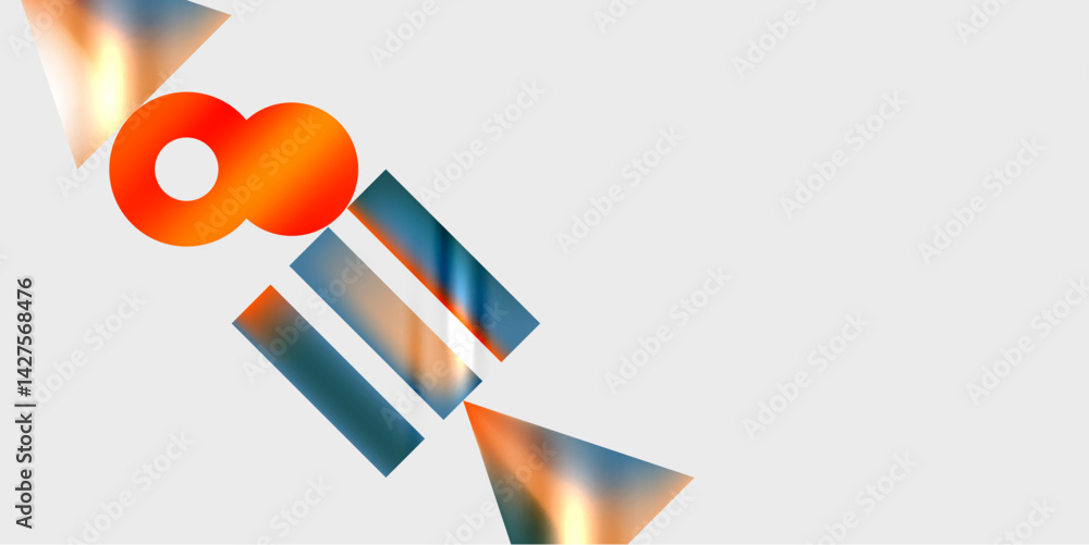 Poster abstract geometric shapes dominate composition. orange circle with central void contrasts cool blue 