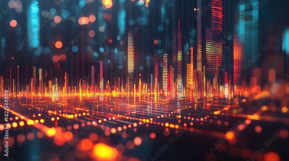 Poster a vibrant, abstract visualization of digital data, showcasing glowing lines and dots against a dark 