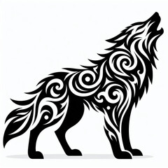 Black Silhouette Vector of a Howling Wolf with Tribal Style on White Background