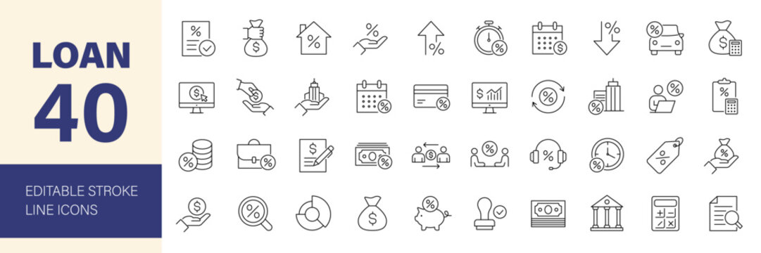 Loan icon set. Money related line icons: credit, mortgage, savings, borrow, lender, credit rating, leasing, calculator, income, banking and more. Editable stroke. Vector illustration.