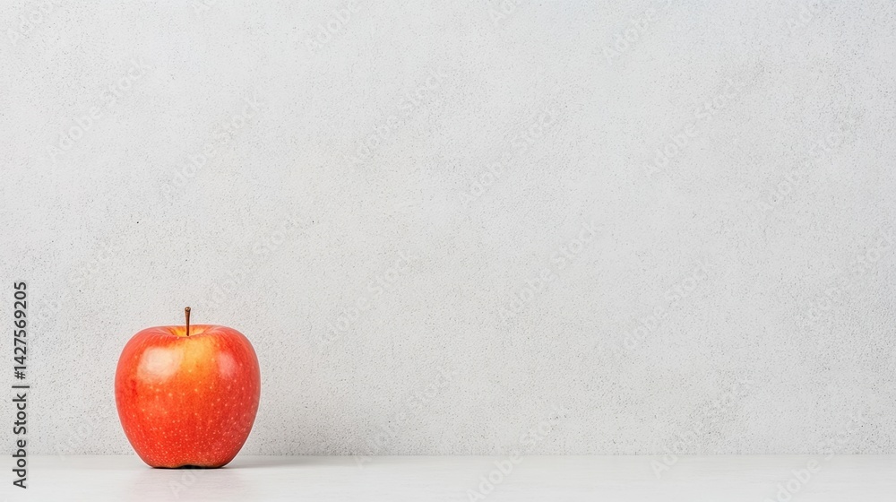 Poster a single red apple rests on a light surface against a textured gray background, creating a minimalis