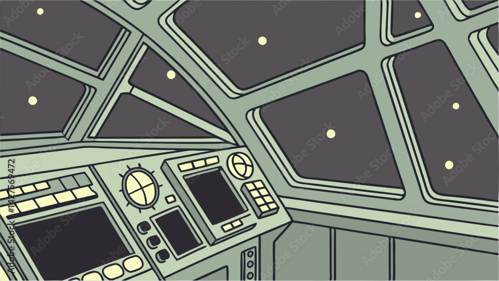 Poster detailed vector of a futuristic spaceship cockpit featuring multiple digital screens and outer space