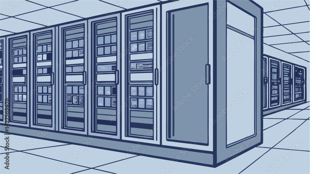 Poster futuristic vector of a high-tech data center with cooling units, representing cloud storage, technol