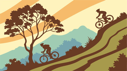 Naklejka premium Detailed vector of mountain biking scene with cyclists riding across hilly terrain at sunset, symbolizing adventure, sport, and outdoor fun