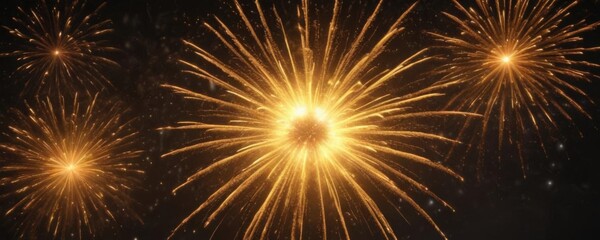 Fototapeta premium Fiery yellow fireworks bloom, wide angle shot, incandescent embers , intense, festival