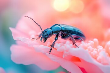 Vibrant blue beetle on a delicate pink flower petal.