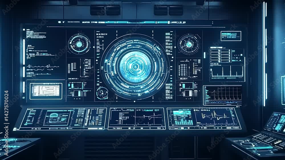 Aufkleber futuristic control room with advanced technology displays and data analysis in a sci-fi setting