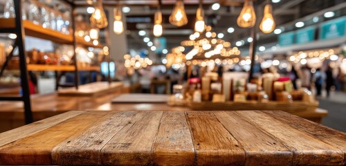 Rustic Wooden Table in a Busy Marketplace