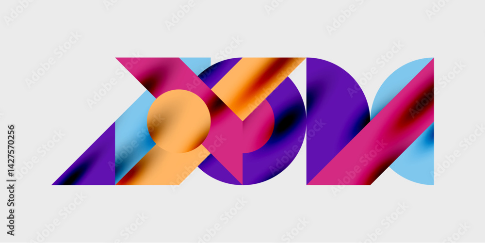 Poster Abstract geometric composition. Overlapping shapes create vibrant visual interest. Gradient colors blend smoothly, forming dynamic patterns. Modern design, clean aesthetic.