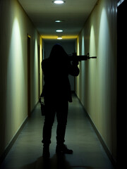 Figure silhouetted pointing a weapon down a dimly lit corridor
