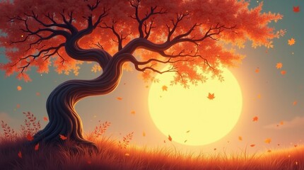 scene featuring a twisted tree branch with glowing orange and red leaves, gently flowing in the wind