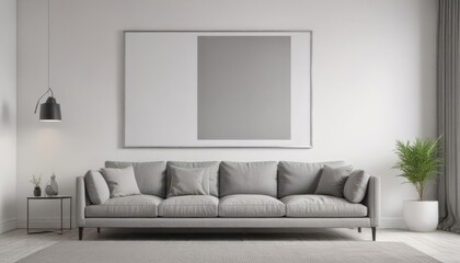 Grey couch, white wall, stylish poster gallery  ,  living space,  room