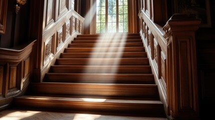 Obraz premium Elegant Wooden Staircase with Sunlight Streaming Through Window