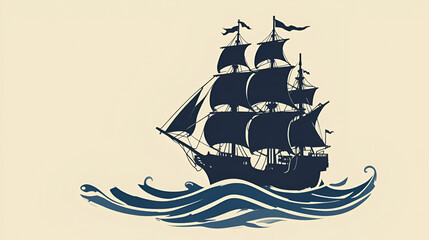 Simple Silhouette of Vintage Sail Boat Pirate or Merchant Ship with Sea Ocean Wave for Travel Transport Vessel Transportation Nautical logo design