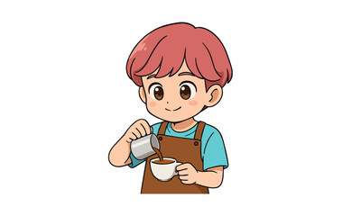 cute barista making coffee, pouring milk or hot water into a cup cartoon illustration