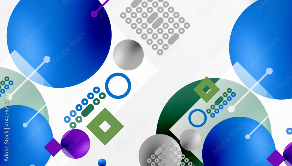 Leinwandbilder abstract composition featuring circles, squares, dots. blue, green, purple hues dominate design. sph