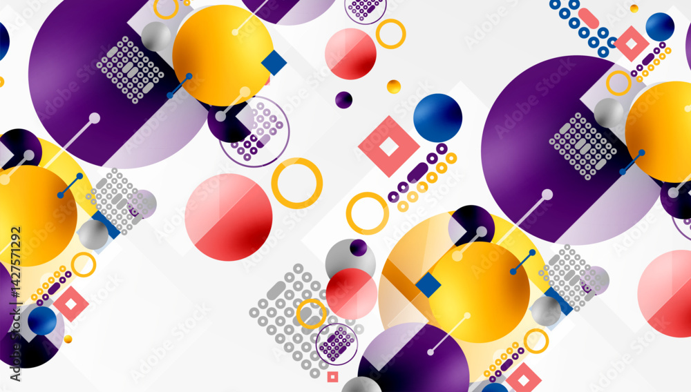 Poster abstract geometric composition. circles, squares, lines create dynamic pattern. yellow, purple, red,