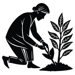 Woman Gardener Tending to a Young Plant Silhouette