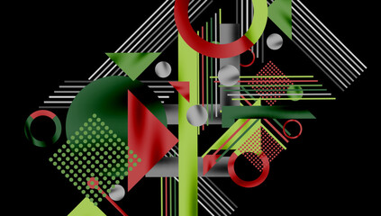 Abstract composition featuring geometric shapes. Red, green, gray elements contrast against black background. Lines, circles, triangles create dynamic visual experience. Modern design.