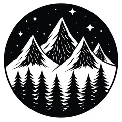Obraz premium Majestic Mountains at Night with Pine Trees Graphic Design