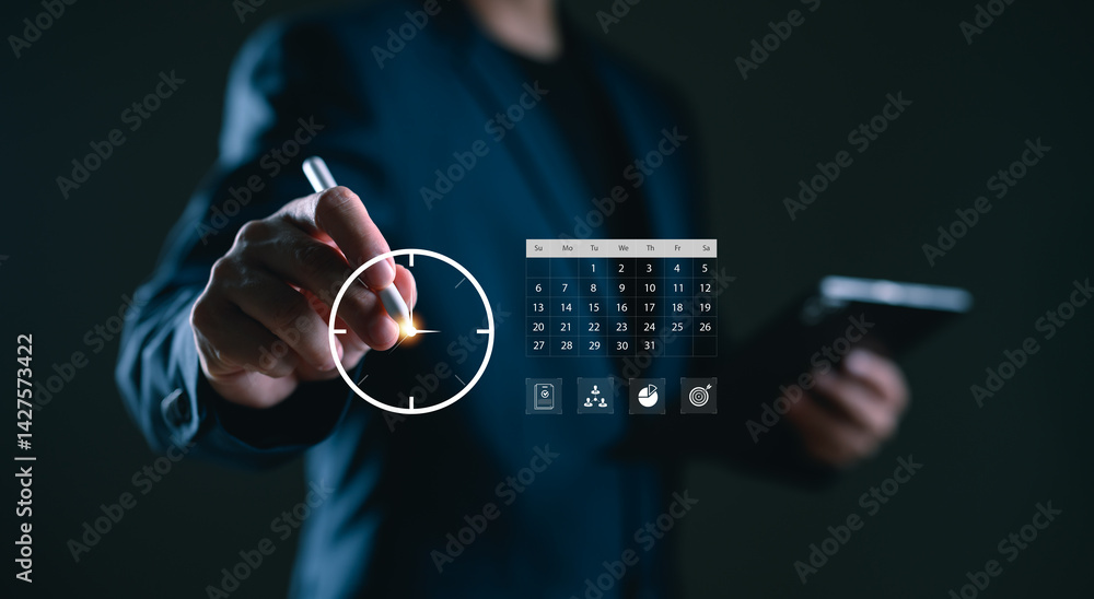 Poster Businessman using digital interface to set time and schedule with calendar. Concept of time management, planning, and productivity optimization in the modern workplace.