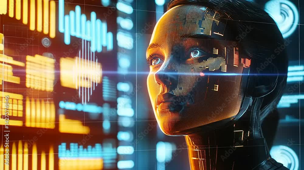Aufkleber futuristic humanoid robot analyzing data in a high-tech environment with glowing screens