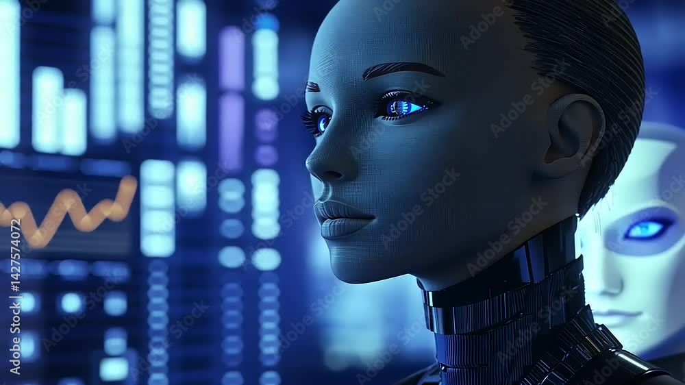 Poster futuristic humanoid robot with blue eyes in a high-tech environment analyzing data trends