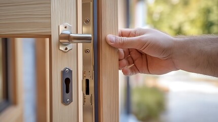 Hand Opening a Wooden Door with a Keyhole