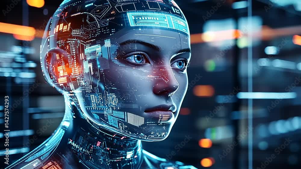 Poster futuristic humanoid robot with intricate circuitry design, set against a high-tech urban background