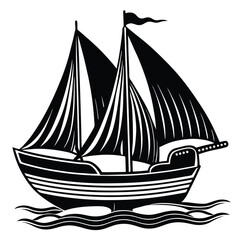 Black and White Illustration of a Sailing Ship at Sea