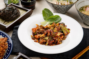 Stir-fried octopus with red seasoning
