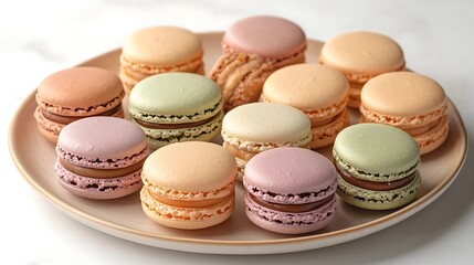Obraz premium Colorful macarons in various pastel hues on a plate.