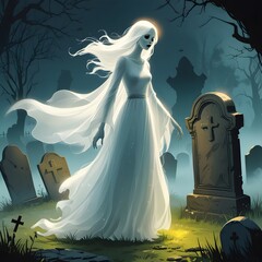 Translucent Female Halloween Ghost in Foggy Graveyard – Glowing Spirit Illustration, Generative AI