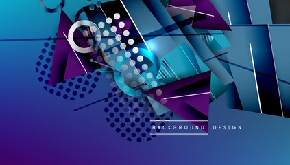 Obraz premium Abstract geometric composition. Blue, purple gradients dominate. Shapes overlap creating dynamic visual effect. Modern design elements present sleek aesthetic.