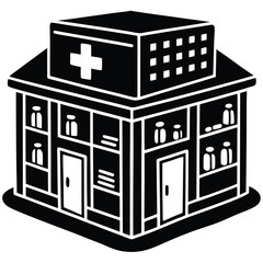 Simple Black and White Illustration of a Pharmacy Building