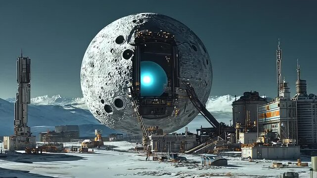 Futuristic lunar base with a massive moon structure, surrounded by mountains and advanced technology
