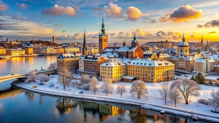 Fototapeta premium Snowy Stockholm Winter Panorama - December Morning